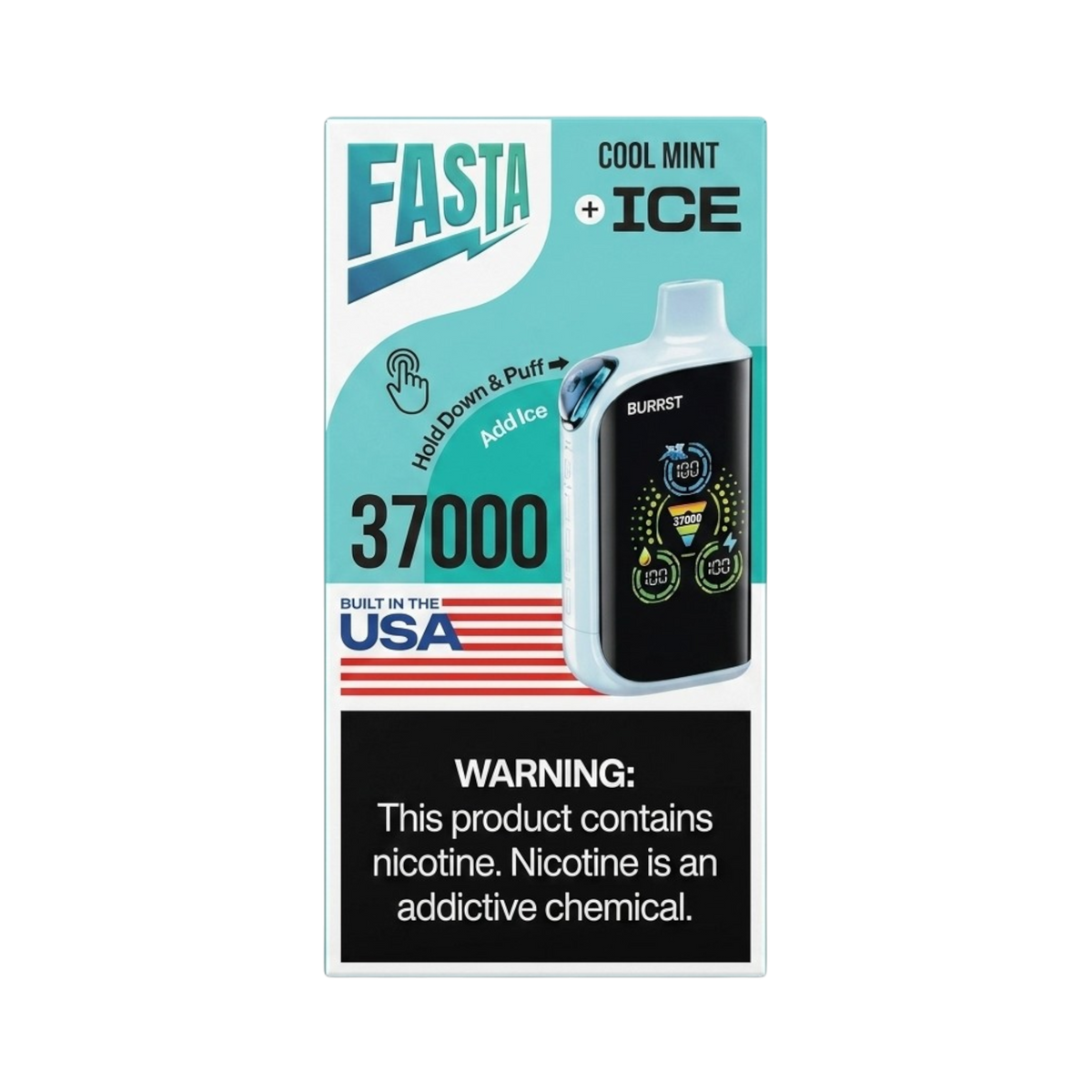 Vape desechable Flavor VIP FASTA USA 37K color verde y negro con diseño de salpicaduras y capacidad de 37000 caladas