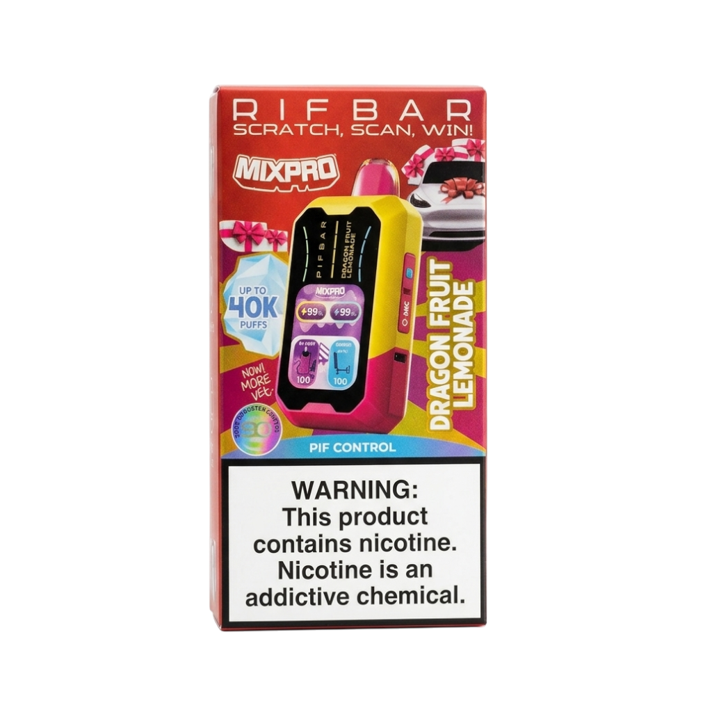 Flavor VIP RIFBAR 40K disposable vape in blue and white with a digital display showing 40000 hits and battery levels