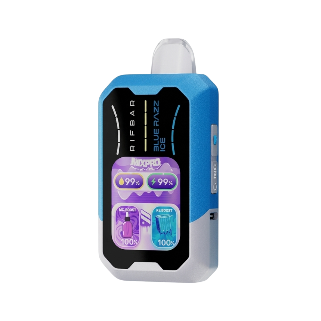 Flavor VIP RIFBAR 40K disposable vape in blue and white with a digital display showing battery and liquid levels