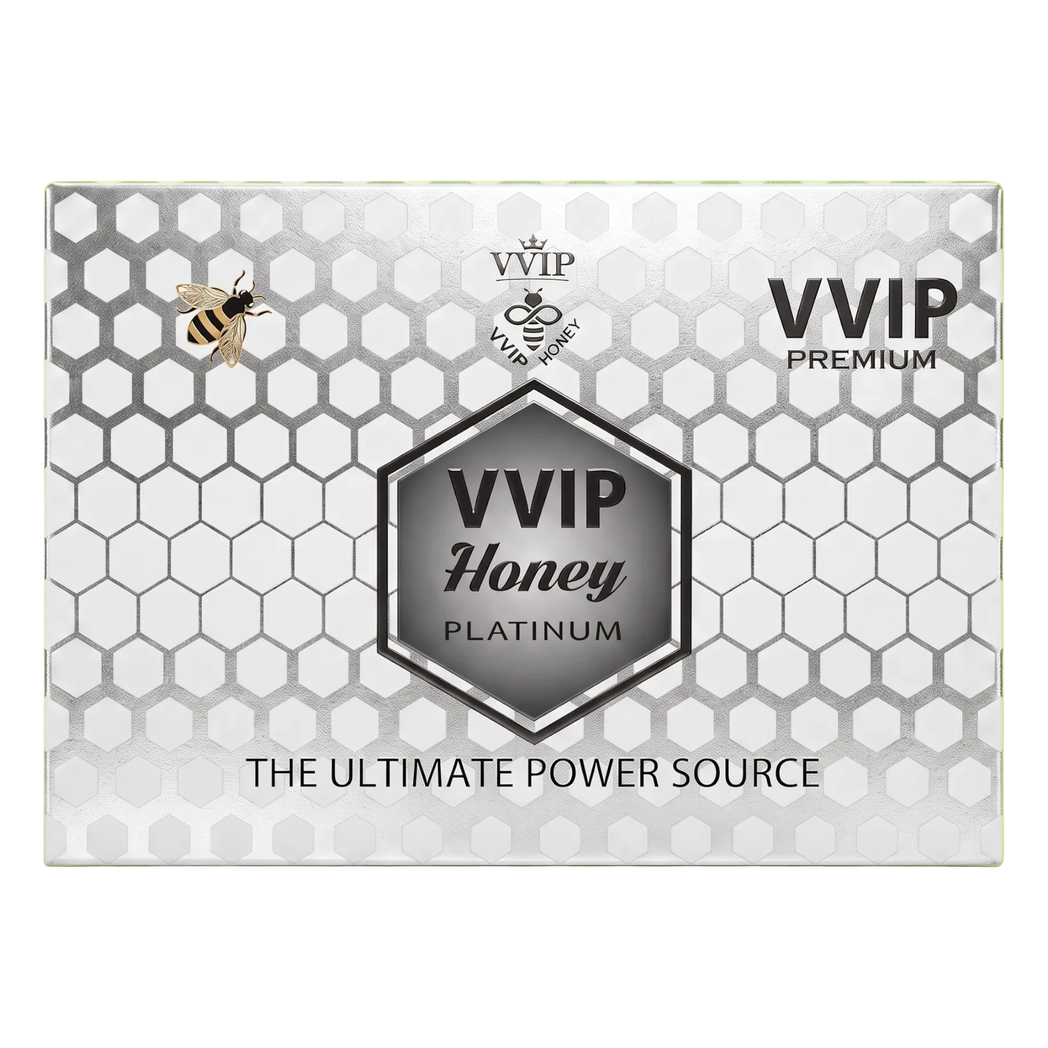 Flavor VIP VVIP Honey Platinum box with 12 individual energy supplement portions featuring a silver honeycomb design