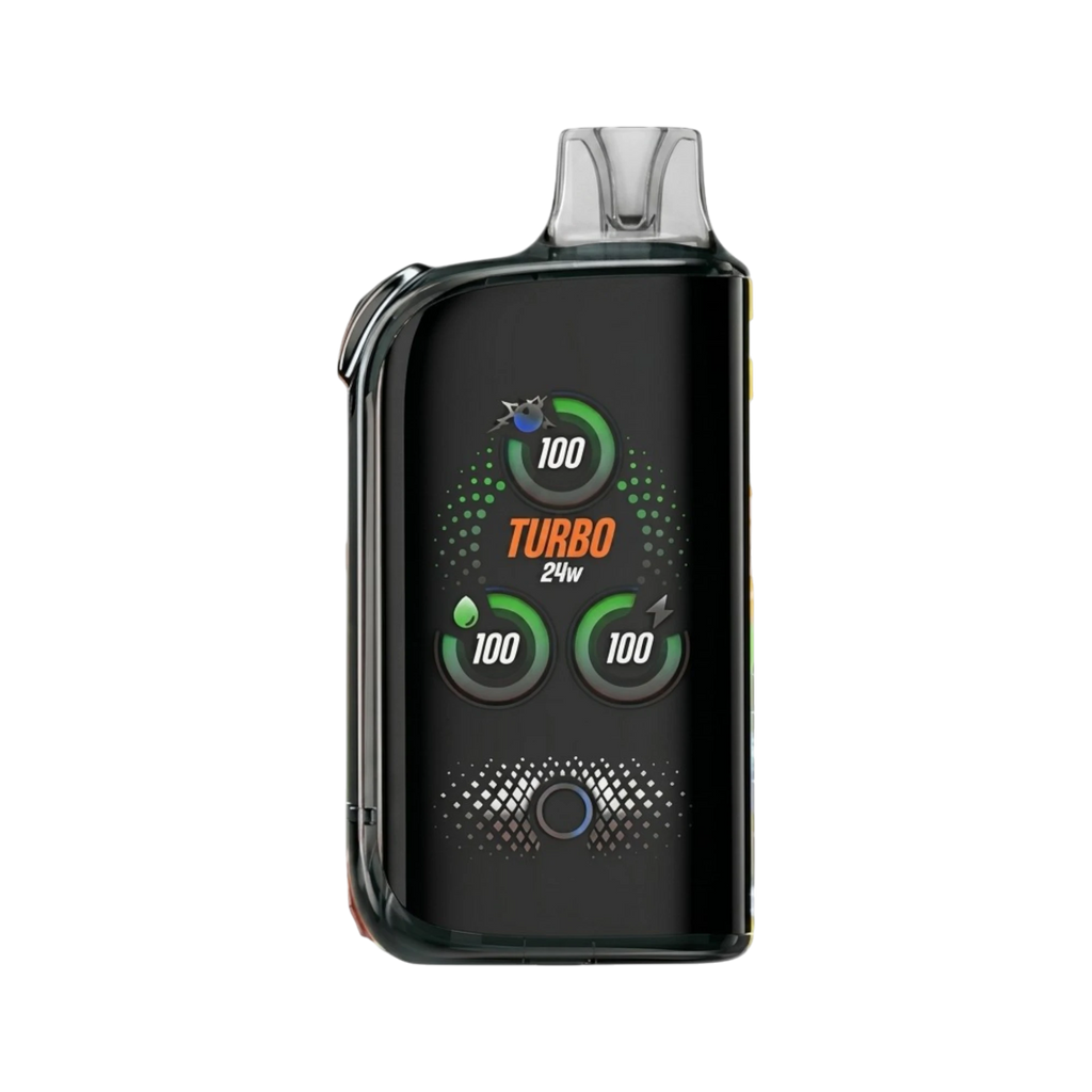 Flavor VIP WAKA BURTS 36K disposable vape with a black finish, digital display, and vibrant smoke-effect graphics.